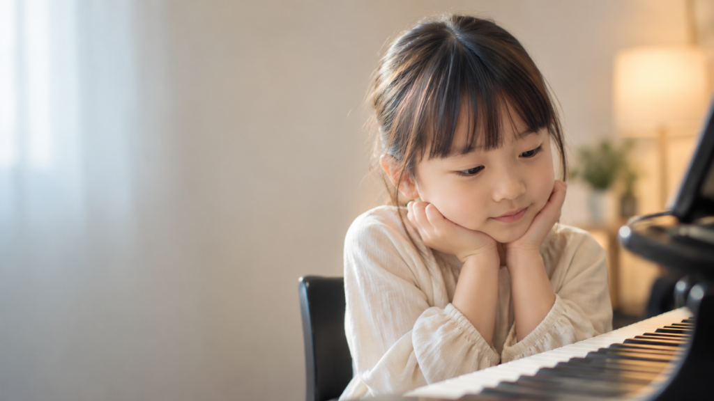 ピアノの小さな一音に静かに耳を澄ませる子ども
