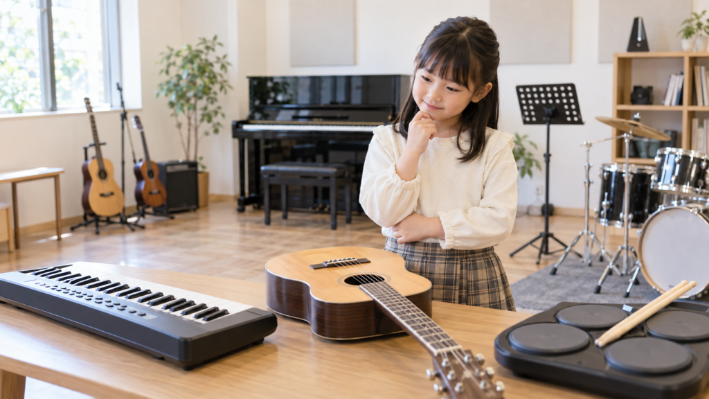 キーボードやギター、電子ドラムを見比べながら楽器を選ぶ女の子